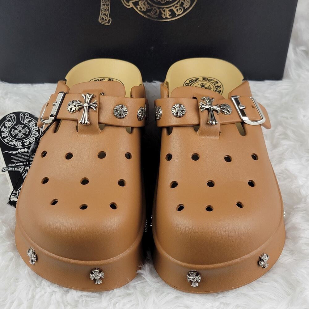 Women 8 9 Mules Tan Chunky Platform Clog Studded Heavy Metal Slides Shoes Crocs